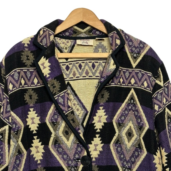 Vintage 90s Fiorlini Black Purple Print 100% Cotton Aztec Woven Blazer Jacket - Picture 3 of 15